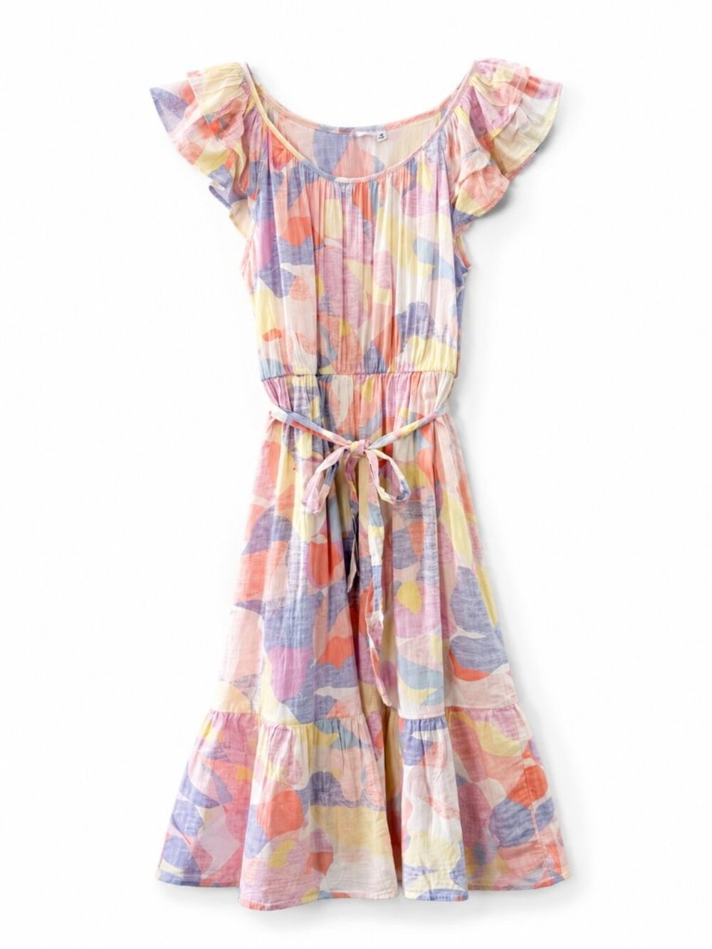 GAP Ruffle Sleeve Pastel Abstract Floral Midi Dress Size S Brunch Vacation